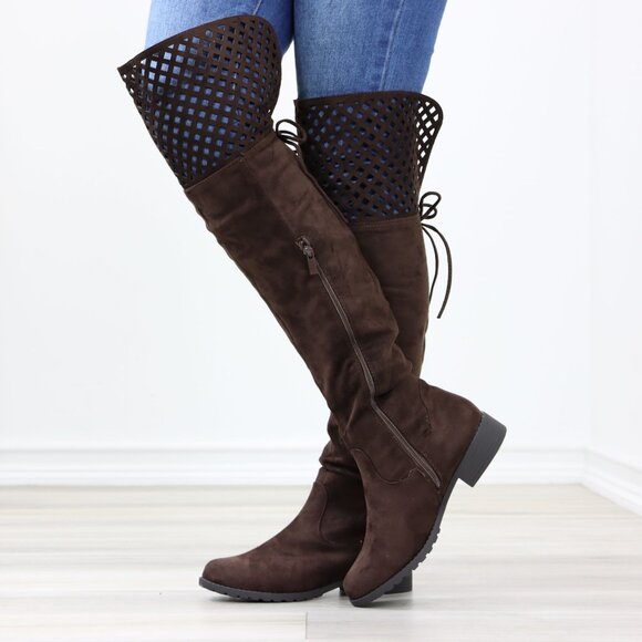 Brown Thigh High Over The Knee Flat Boots Faux Suede - Picture 9 of 14